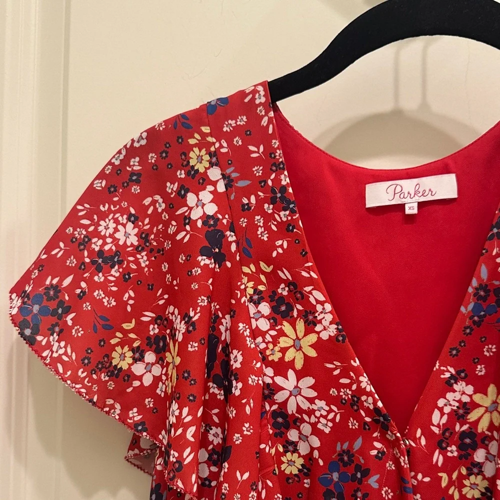 Parker Red Floral Blue Yellow White Print V-Neck Ruffle Elastic Mini Dress XS - Picture 2 of 7